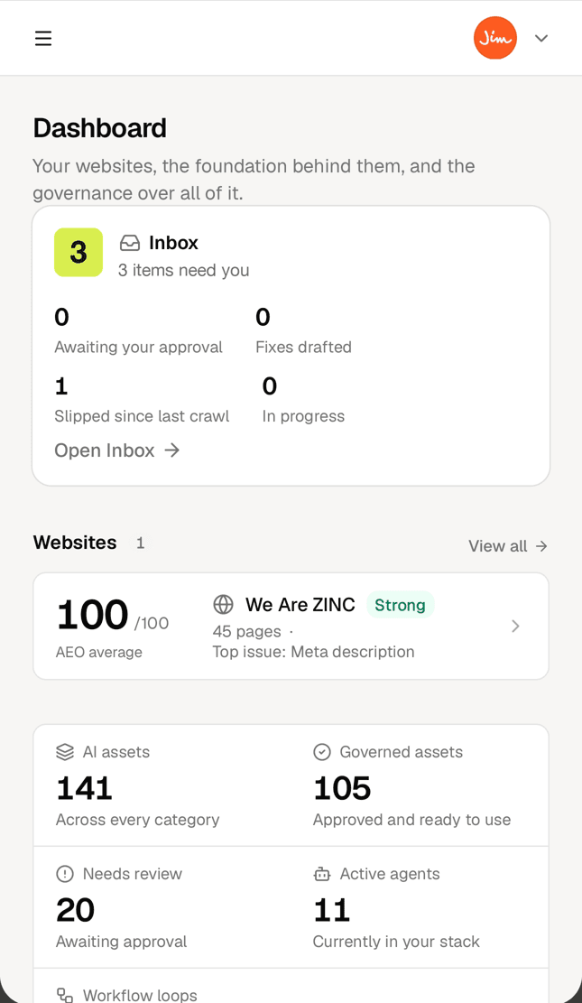 The Dispatch dashboard on a phone: the Inbox with three items needing you, a governed website at 100 out of 100, and governance counts.