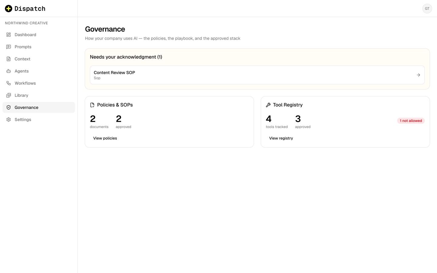 Dispatch governance overview — review queues, policy acknowledgements, and tool registry